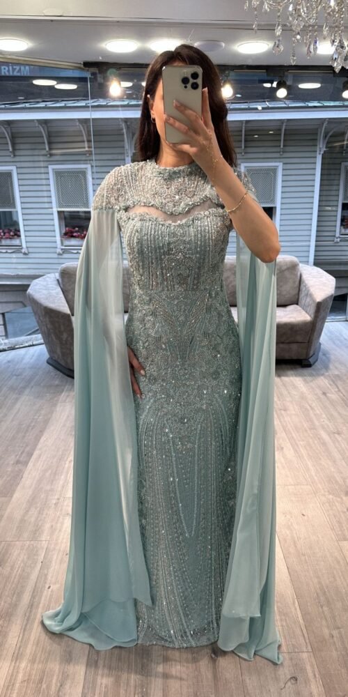 Aqua Green Beaded Evening Gown With Cape Sleeves