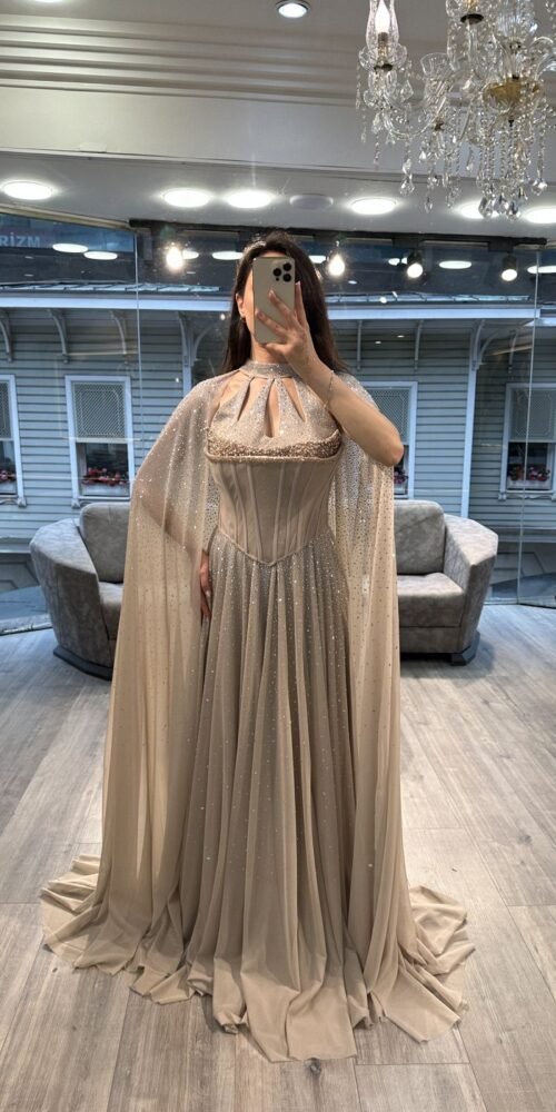 Beige Cut Out Neck Corset Chiffon Evening Gown With Cape