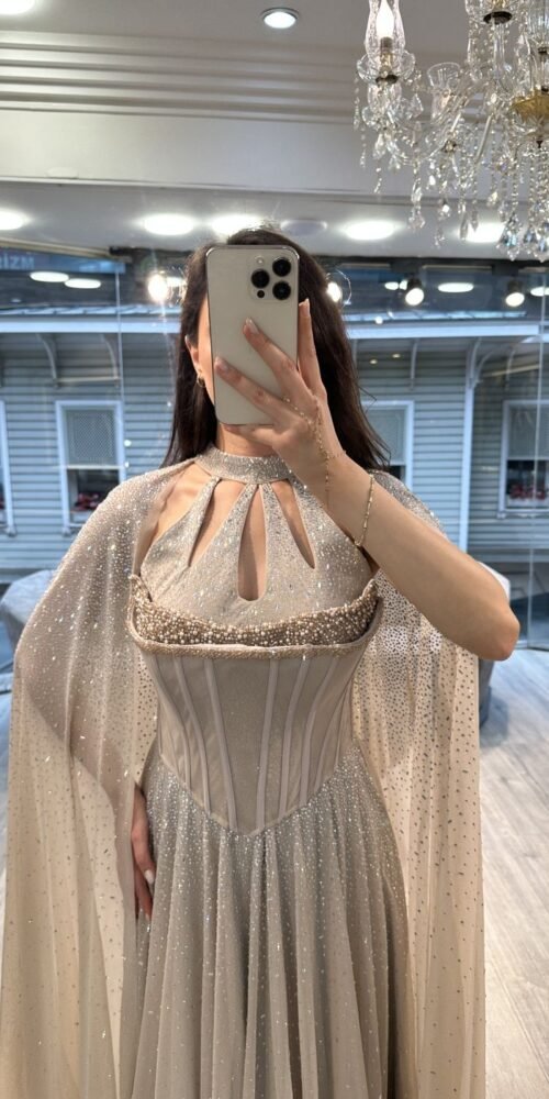 Beige Cut Out Neck Corset Chiffon Evening Gown With Cape