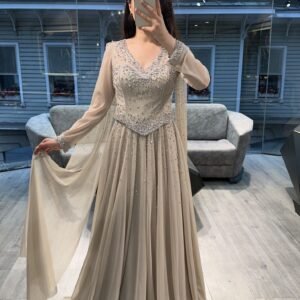 Beige V Neck Beaded Chiffon Long Sleeve Evening Dress