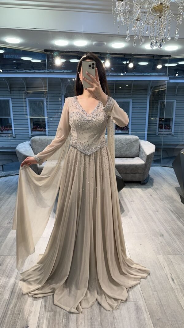 Beige V Neck Beaded Chiffon Long Sleeve Evening Dress