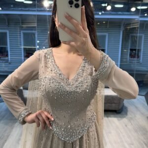 Beige V Neck Beaded Chiffon Long Sleeve Evening Dress