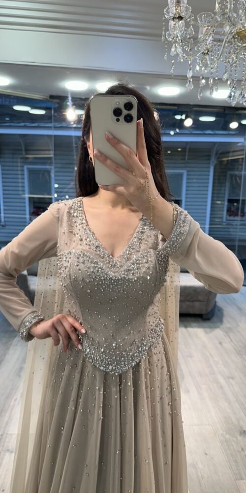 Beige V Neck Beaded Chiffon Long Sleeve Evening Dress
