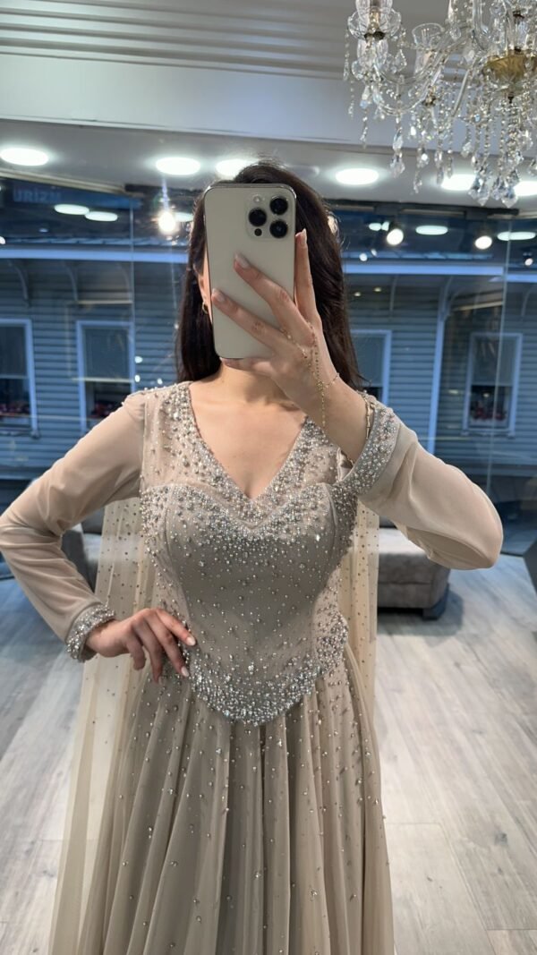 Beige V Neck Beaded Chiffon Long Sleeve Evening Dress