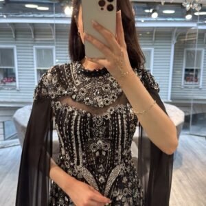 Black Beaded Mermaid Evening Gown With Chiffon Cape Sleeves