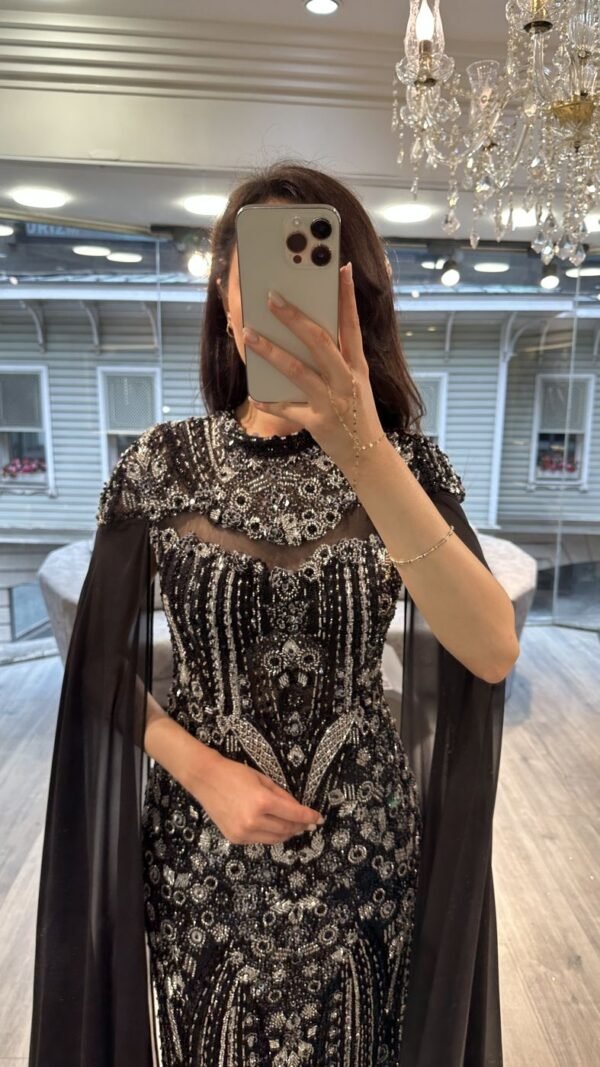 Black Beaded Mermaid Evening Gown With Chiffon Cape Sleeves