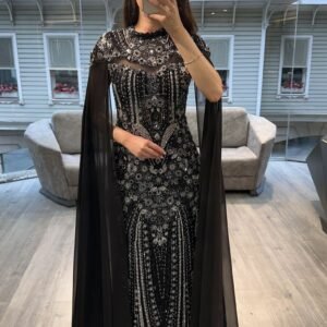 Black Beaded Mermaid Evening Gown With Chiffon Cape Sleeves