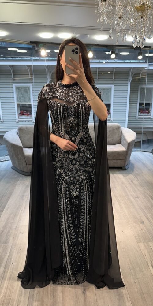 Black Beaded Mermaid Evening Gown With Chiffon Cape Sleeves