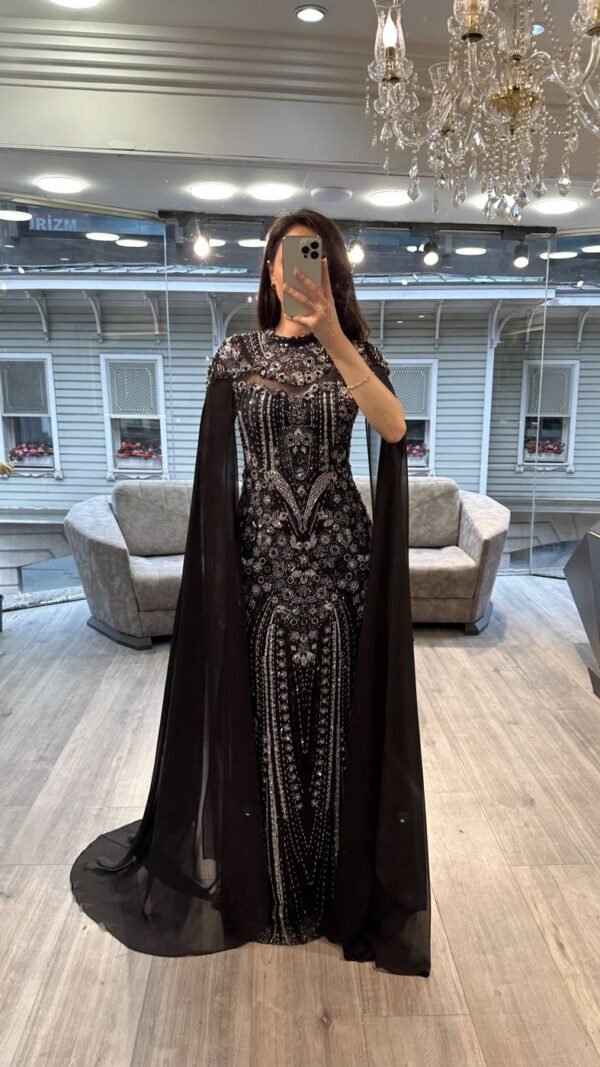 Black Beaded Mermaid Evening Gown With Chiffon Cape Sleeves