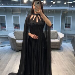 Black Cut Out Neck Chiffon Evening Gown With Cape