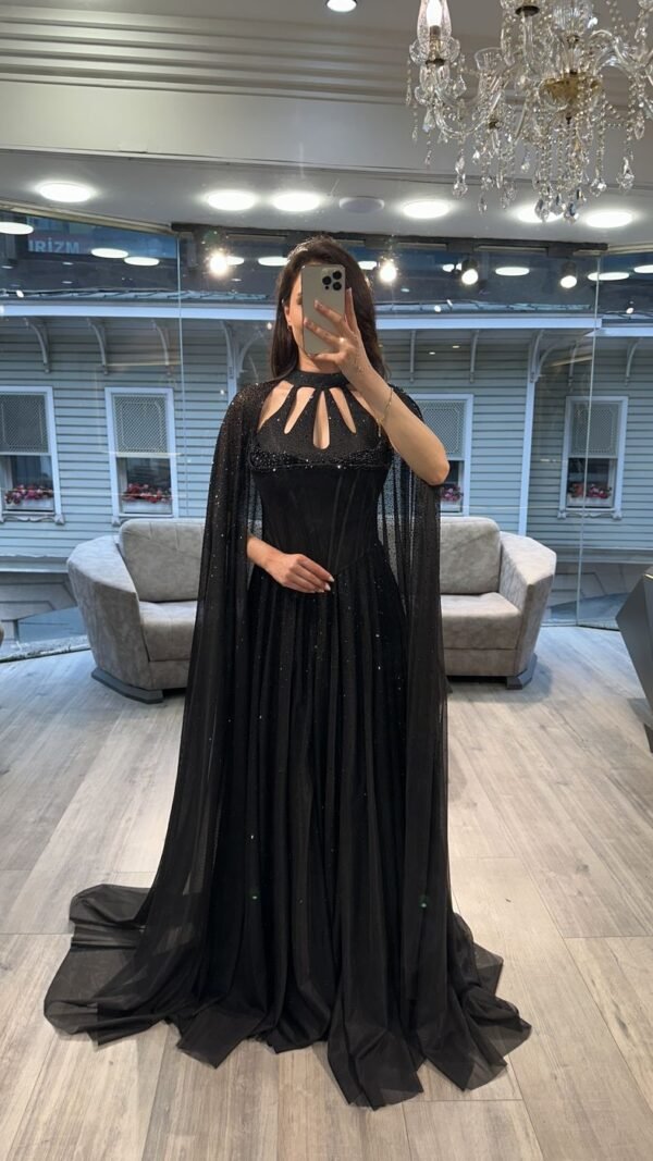 Black Cut Out Neck Chiffon Evening Gown With Cape