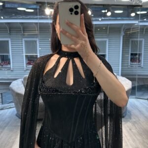 Black Cut Out Neck Chiffon Evening Gown With Cape