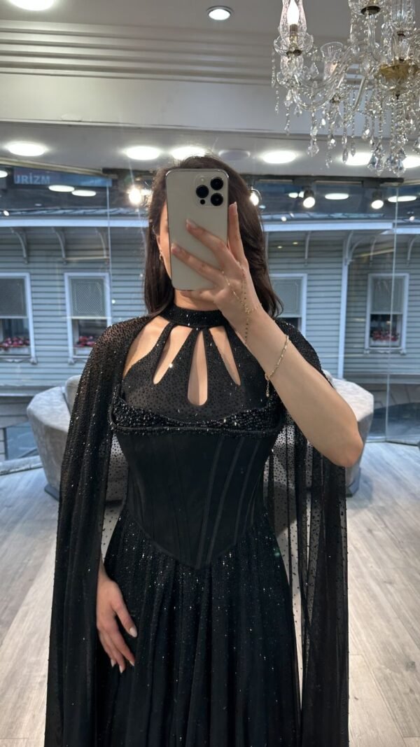 Black Cut Out Neck Chiffon Evening Gown With Cape