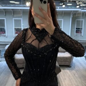 Black Illusion Neck Long Sleeve Beaded Evening Dress
