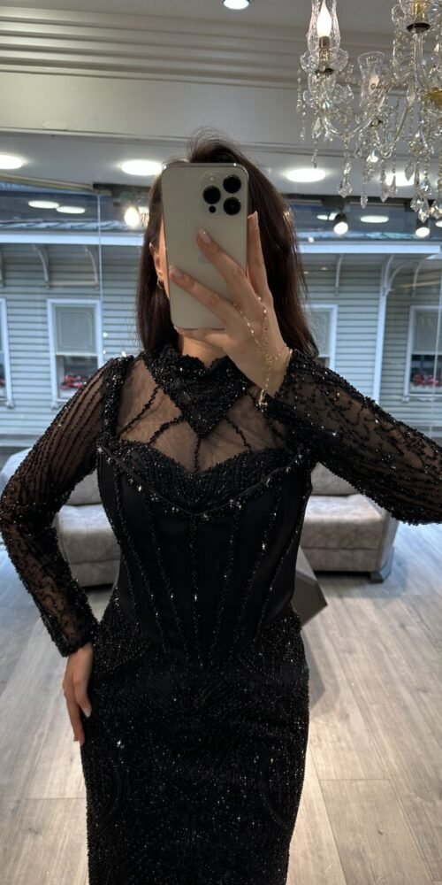 Black Illusion Neck Long Sleeve Beaded Evening Dress