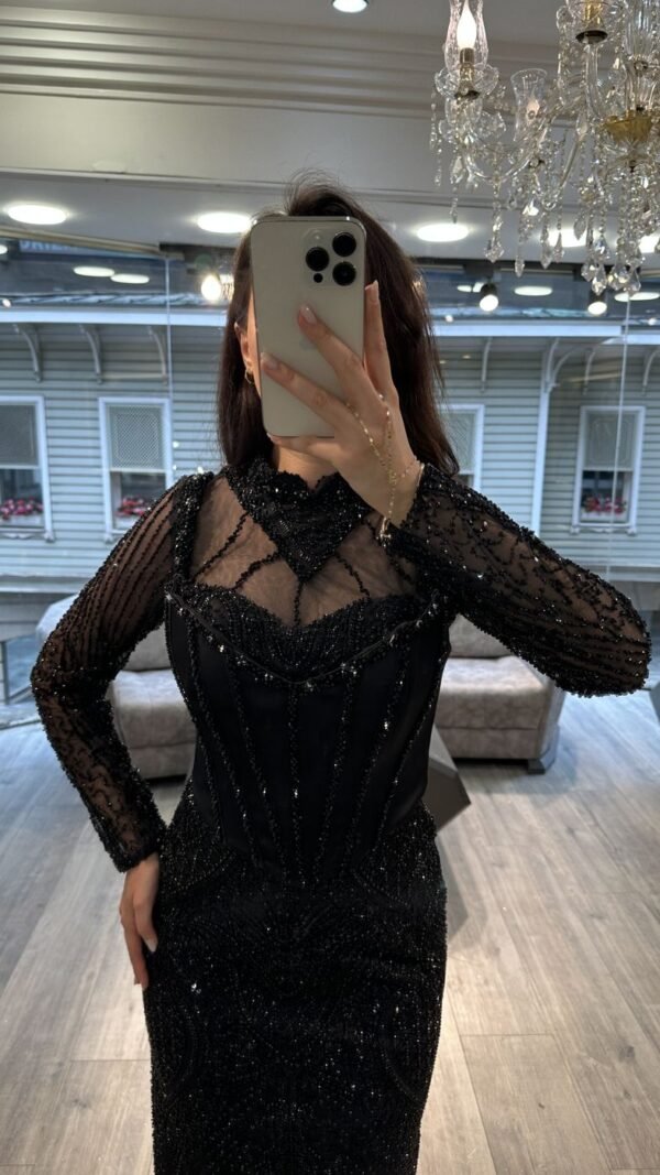 Black Illusion Neck Long Sleeve Beaded Evening Dress