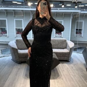 Black Illusion Neck Long Sleeve Beaded Evening Dress