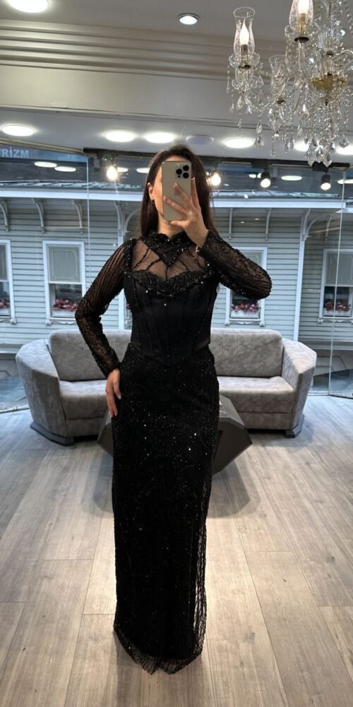 Black Illusion Neck Long Sleeve Beaded Evening Dress