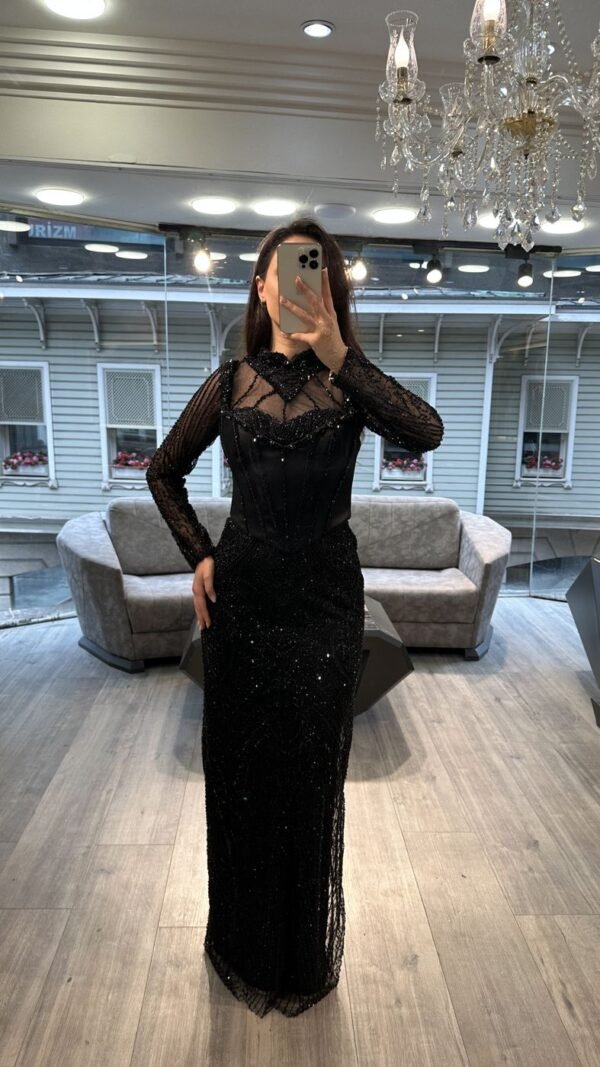 Black Illusion Neck Long Sleeve Beaded Evening Dress