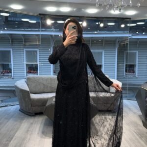 Black Sequin Long Sleeve Evening Dress With Draped Scarf Black Sequin Long Sleeve Evening Dress With Draped Scarf