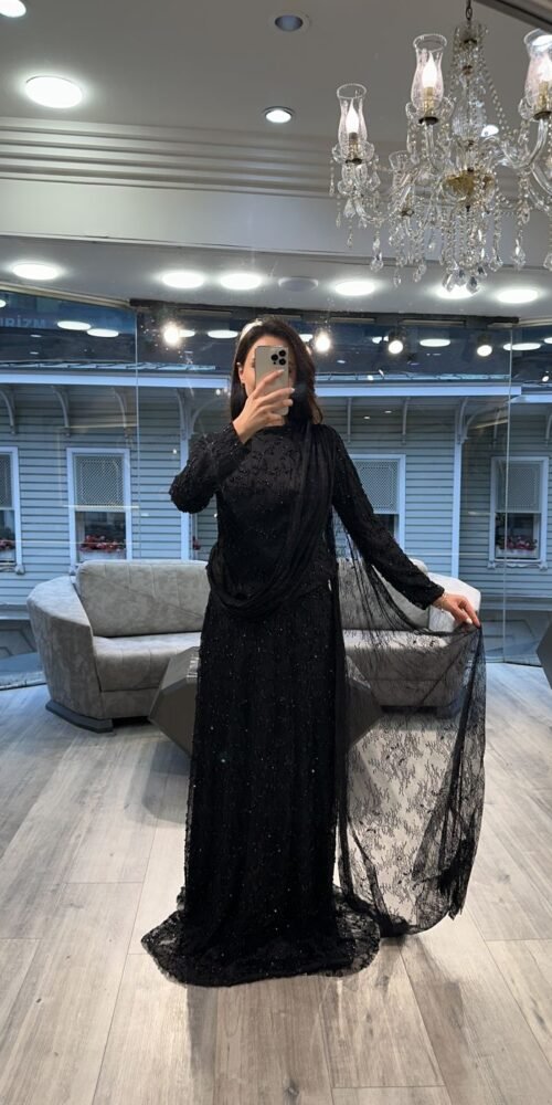 Black Sequin Long Sleeve Evening Dress With Draped Scarf