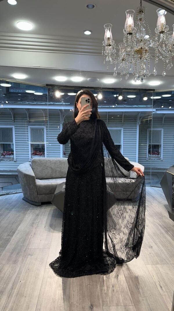 Black Sequin Long Sleeve Evening Dress With Draped Scarf Black Sequin Long Sleeve Evening Dress With Draped Scarf