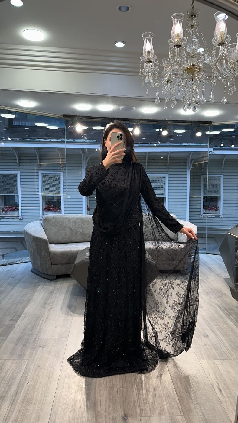 Black Sequin Long Sleeve Evening Dress With Draped Scarf
