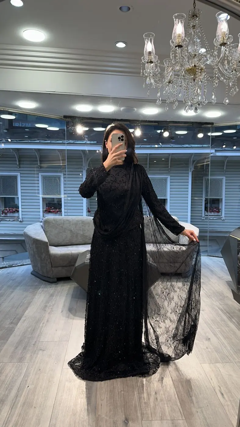 Black Sequin Long Sleeve Evening Dress With Draped Scarf