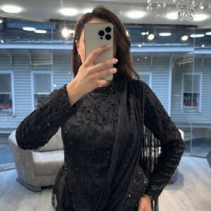 Black Sequin Long Sleeve Evening Dress With Draped Scarf Black Sequin Long Sleeve Evening Dress With Draped Scarf