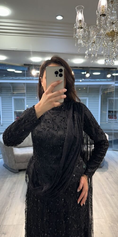Black Sequin Long Sleeve Evening Dress With Draped Scarf