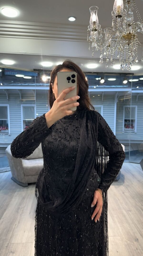 Black Sequin Long Sleeve Evening Dress With Draped Scarf Black Sequin Long Sleeve Evening Dress With Draped Scarf