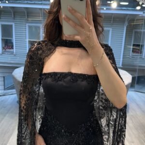 Black Strapless Beaded Evening Dress With Lace Cape Black Strapless Beaded Evening Dress With Lace Cape