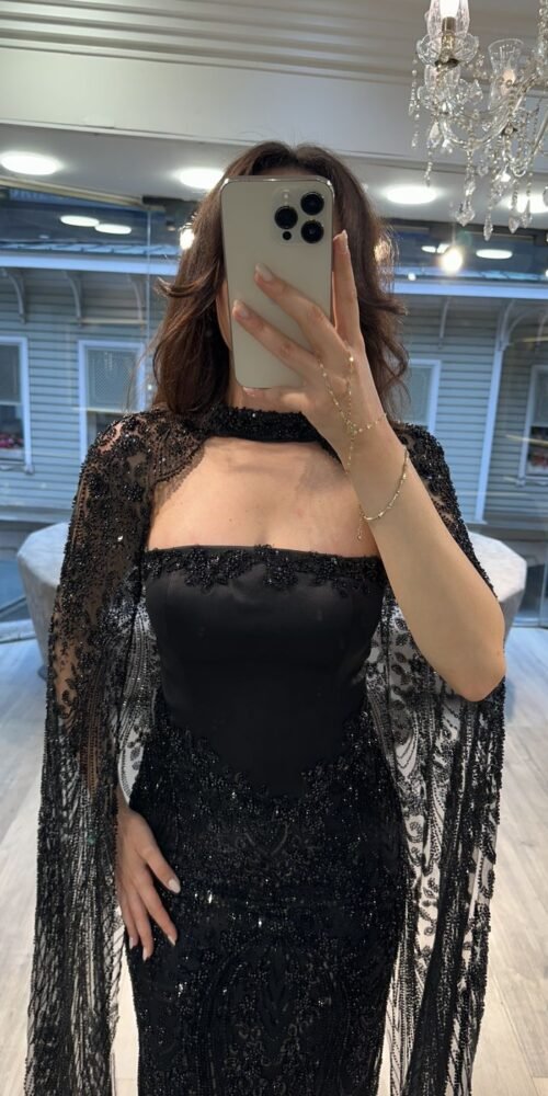 Black Strapless Beaded Evening Dress With Lace Cape Black Strapless Beaded Evening Dress With Lace Cape