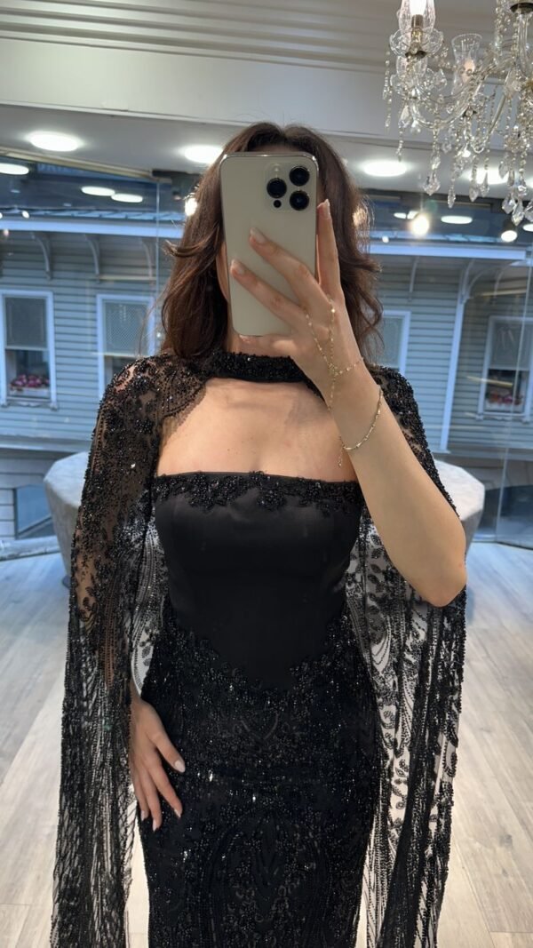 Black Strapless Beaded Evening Dress With Lace Cape Black Strapless Beaded Evening Dress With Lace Cape