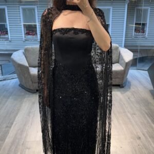 Black Strapless Beaded Evening Dress With Lace Cape Black Strapless Beaded Evening Dress With Lace Cape