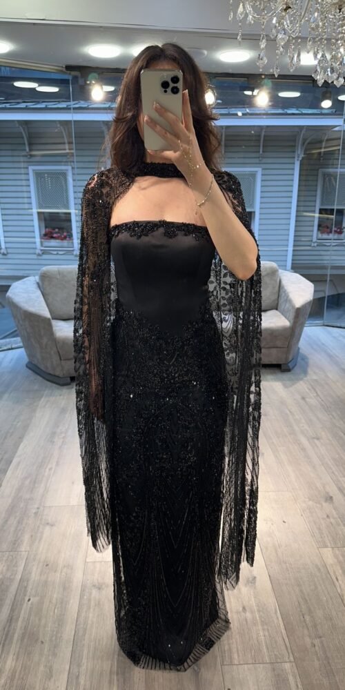 Black Strapless Beaded Evening Dress With Lace Cape
