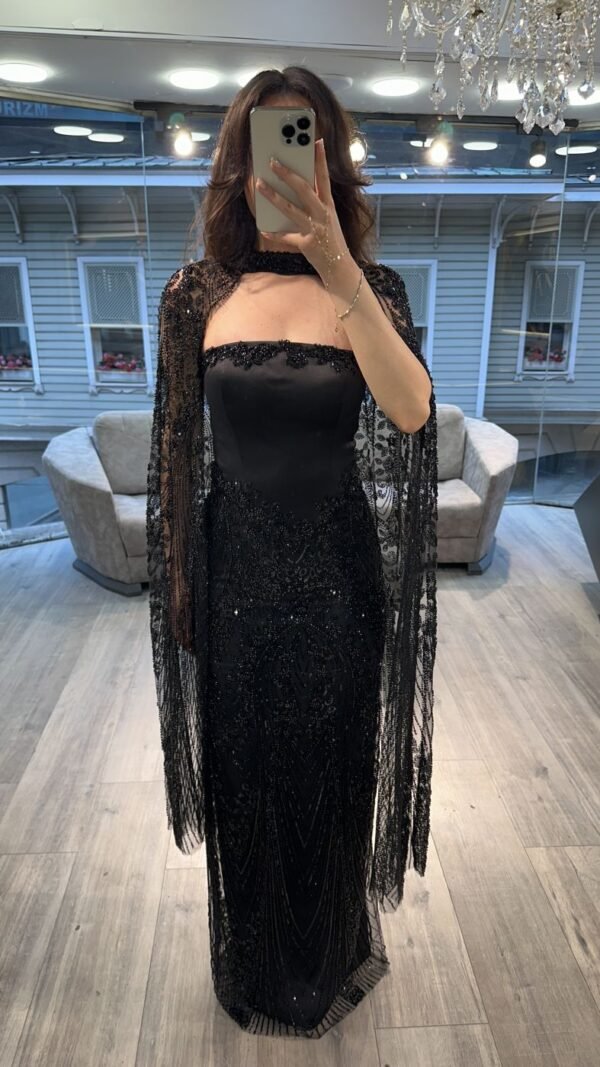 Black Strapless Beaded Evening Dress With Lace Cape Black Strapless Beaded Evening Dress With Lace Cape
