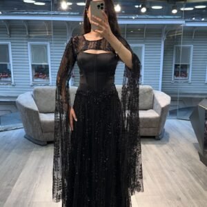 Black Strapless Evening Dress With Lace Cape Sleeves