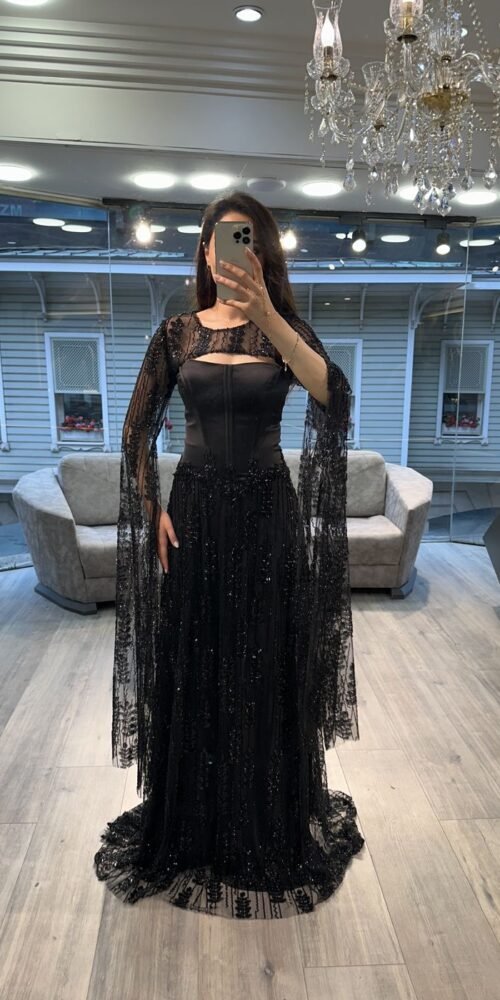 Black Strapless Evening Dress With Lace Cape Sleeves