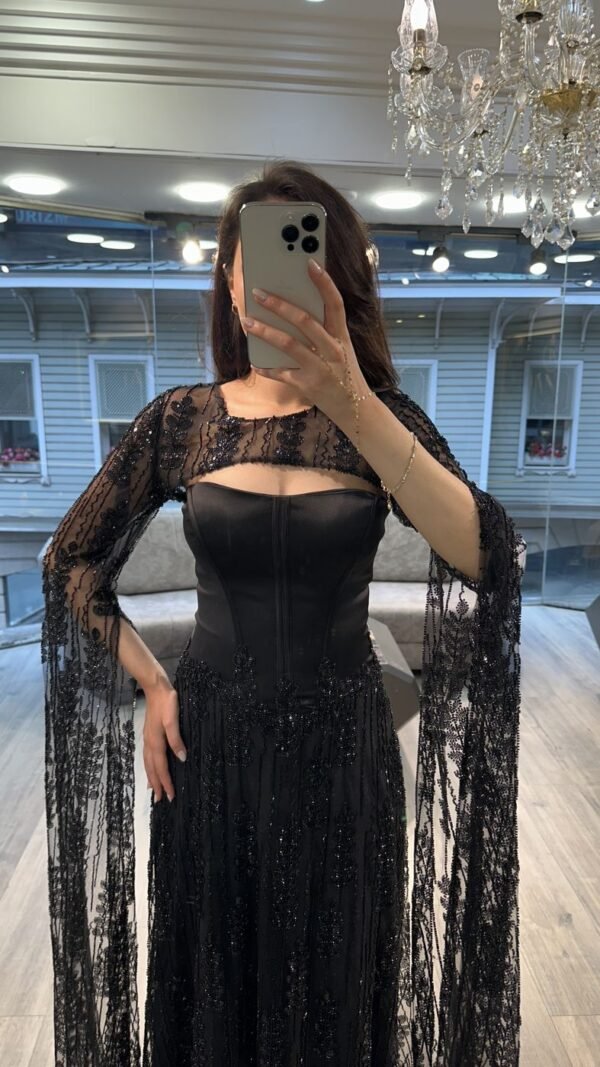 Black Strapless Evening Dress With Lace Cape Sleeves