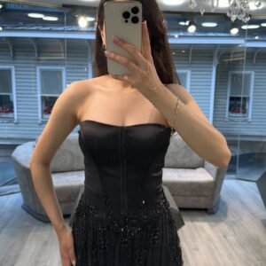 Black Strapless Satin And Sequin Evening Dress