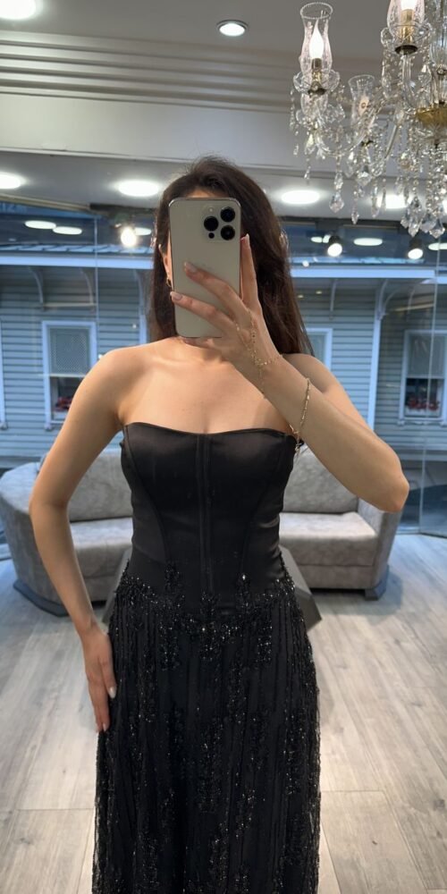 Black Strapless Satin And Sequin Evening Dress