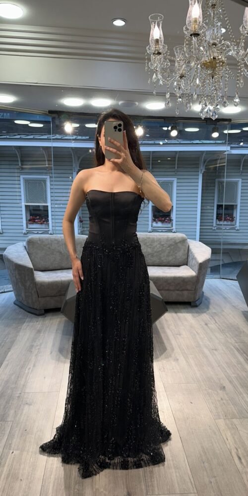 Black Strapless Satin And Sequin Evening Dress