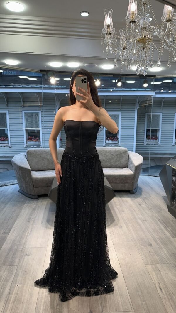 Black Strapless Satin And Sequin Evening Dress