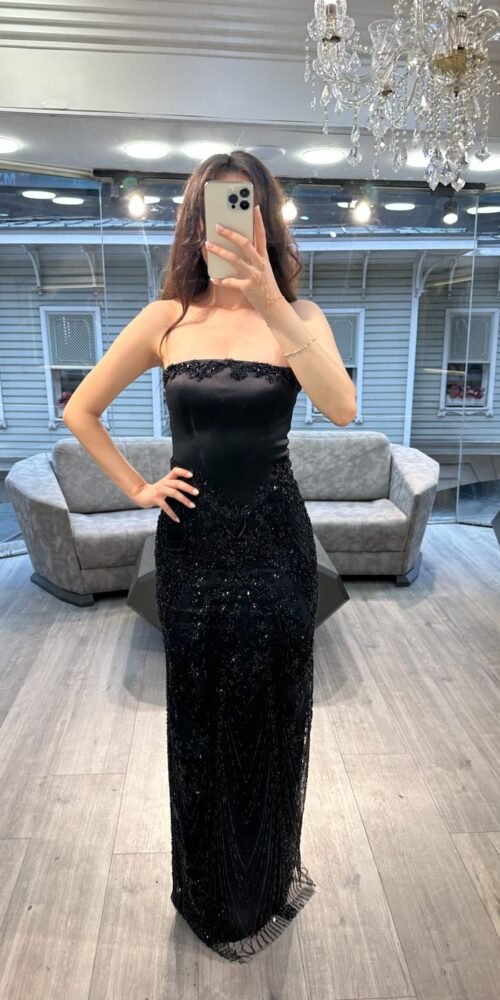 Black Strapless Sequin Column Evening Dress