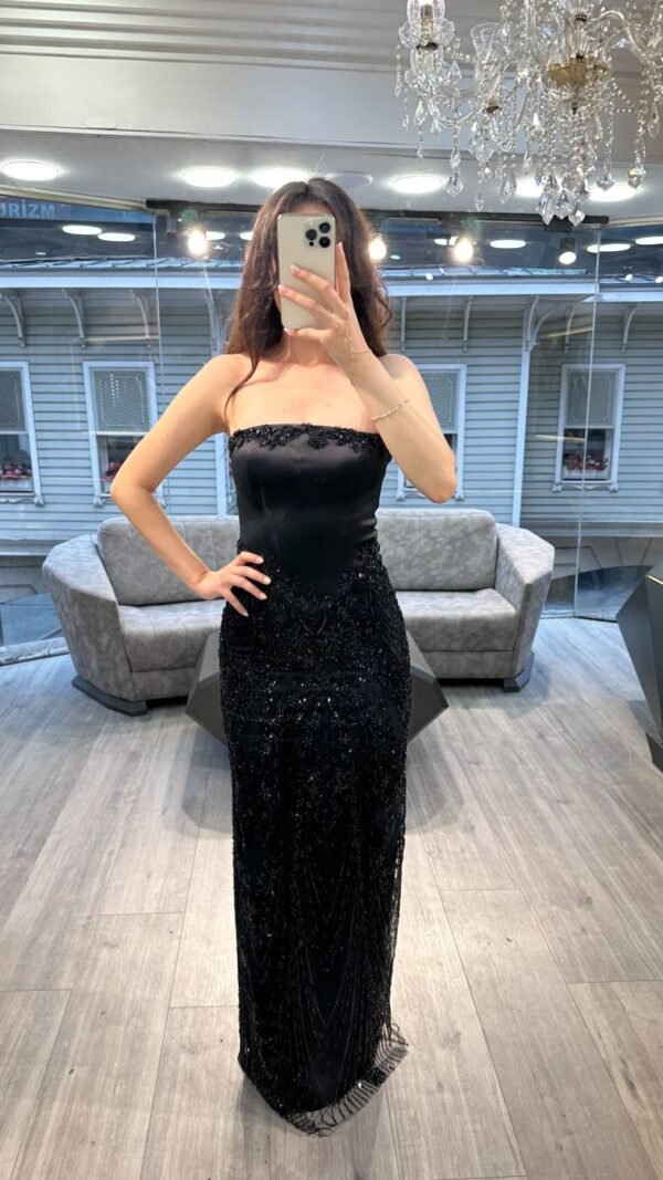 Black Strapless Sequin Column Evening Dress