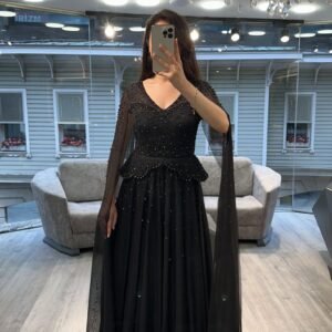 Black V Neck Beaded Chiffon A Line Evening Dress