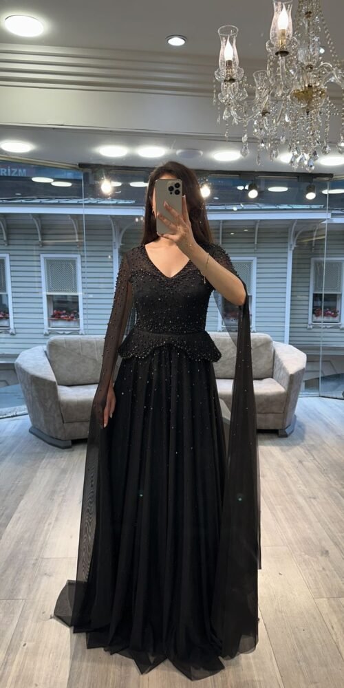 Black V Neck Beaded Chiffon A Line Evening Dress