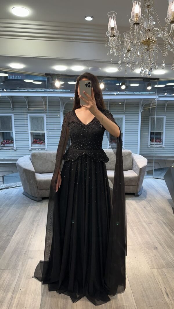 Black V Neck Beaded Chiffon A Line Evening Dress