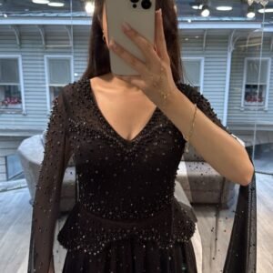 Black V Neck Beaded Chiffon A Line Evening Dress